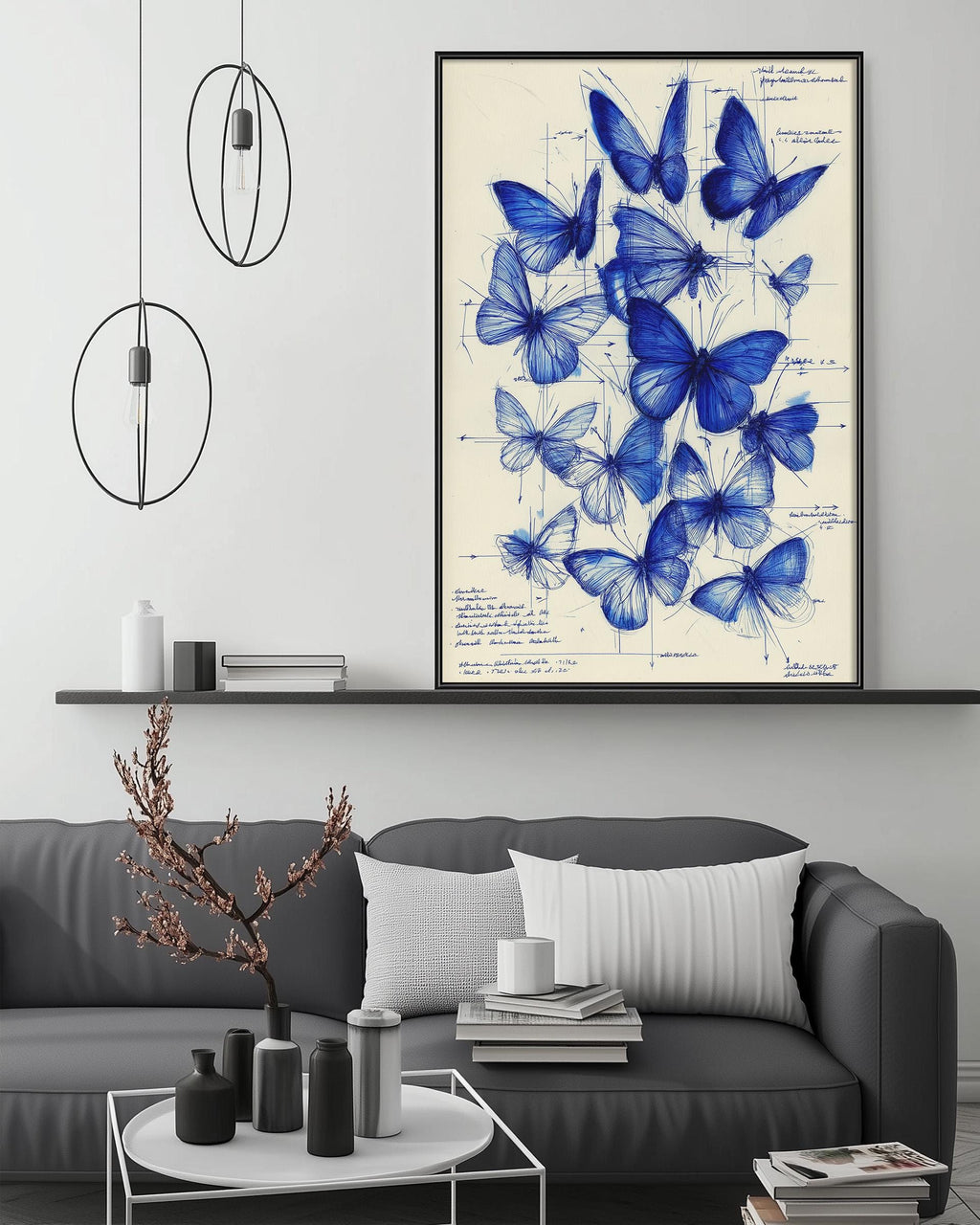 a large framed print of blue butterflies on a wall, with a black and white photograph of a butterfly on the wall below it. The print is hanging above a gray couch, which has a coffee table in front of it. The room also includes a shelf with decorative items and a potted plant.