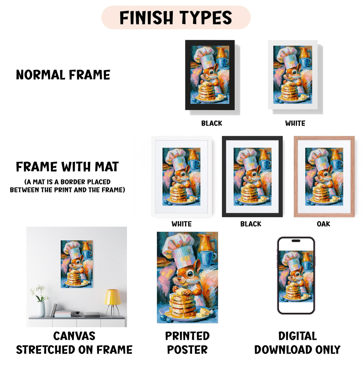 various types of framed artworks, including a painting of a squirrel, a chef, and a digital poster. The artworks are displayed in different frame colors and styles, such as a normal frame, a black frame, a white frame, and an oak frame. The artworks are also described as a canvas stretched on a frame, a printed poster, and a digital download only.