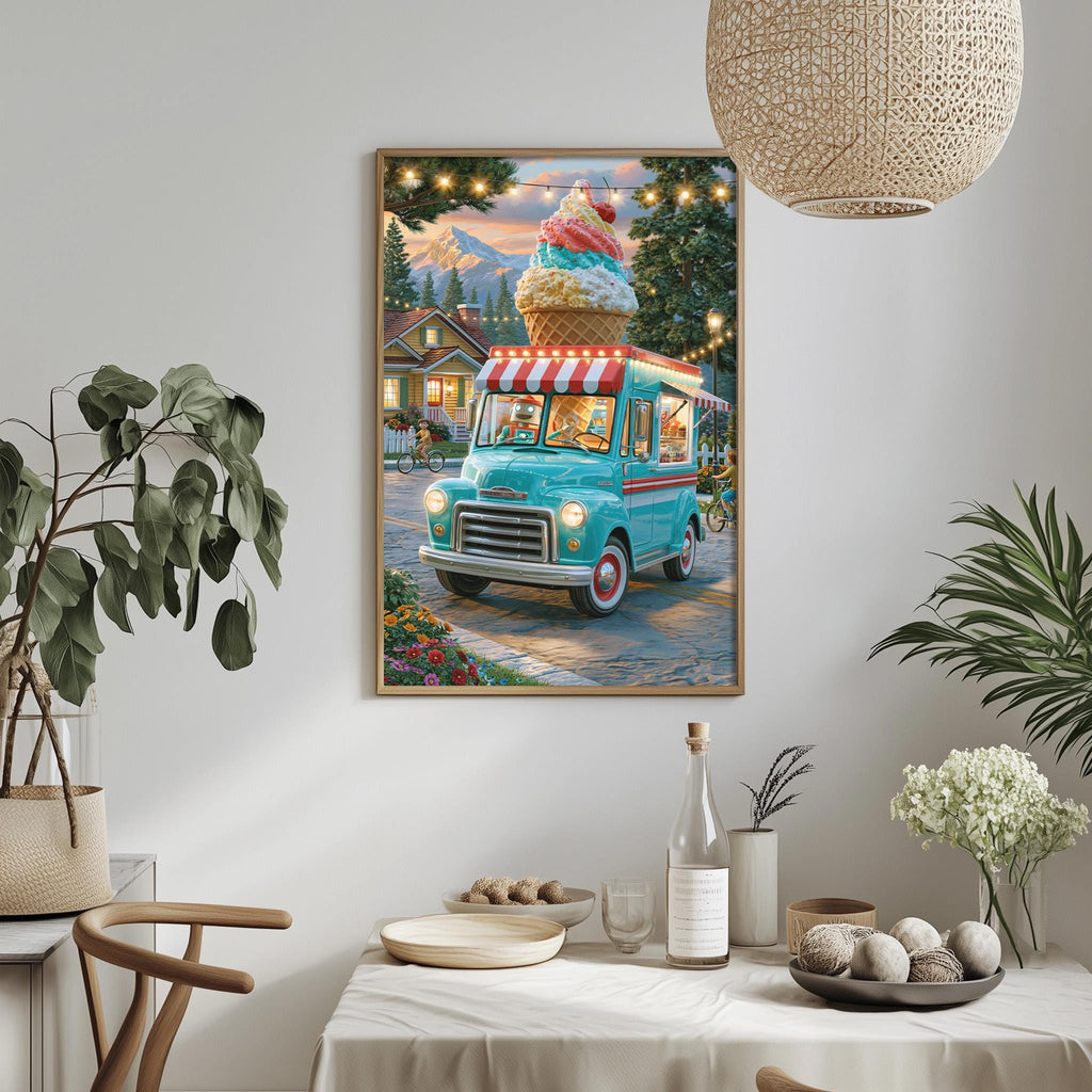 a framed painting of a blue ice cream truck parked on a street, with a large ice cream cone on top. The truck is surrounded by a colorful and whimsical scene, including a house, trees, and string lights. The painting is hung on a wall above a dining table, which has various items on it, including a bottle, a bowl, and a vase.