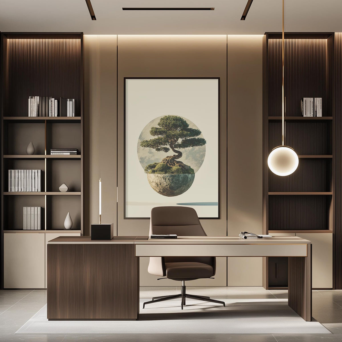 a modern and minimalist office space with a large tree-like artwork on the wall, a wooden desk with a chair, and built-in bookshelves.