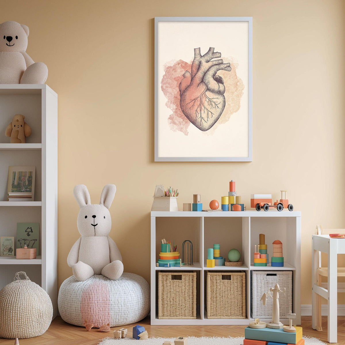 A cozy children's room with a large stuffed rabbit, a bookshelf, and a framed illustration of an anatomical heart on the wall.