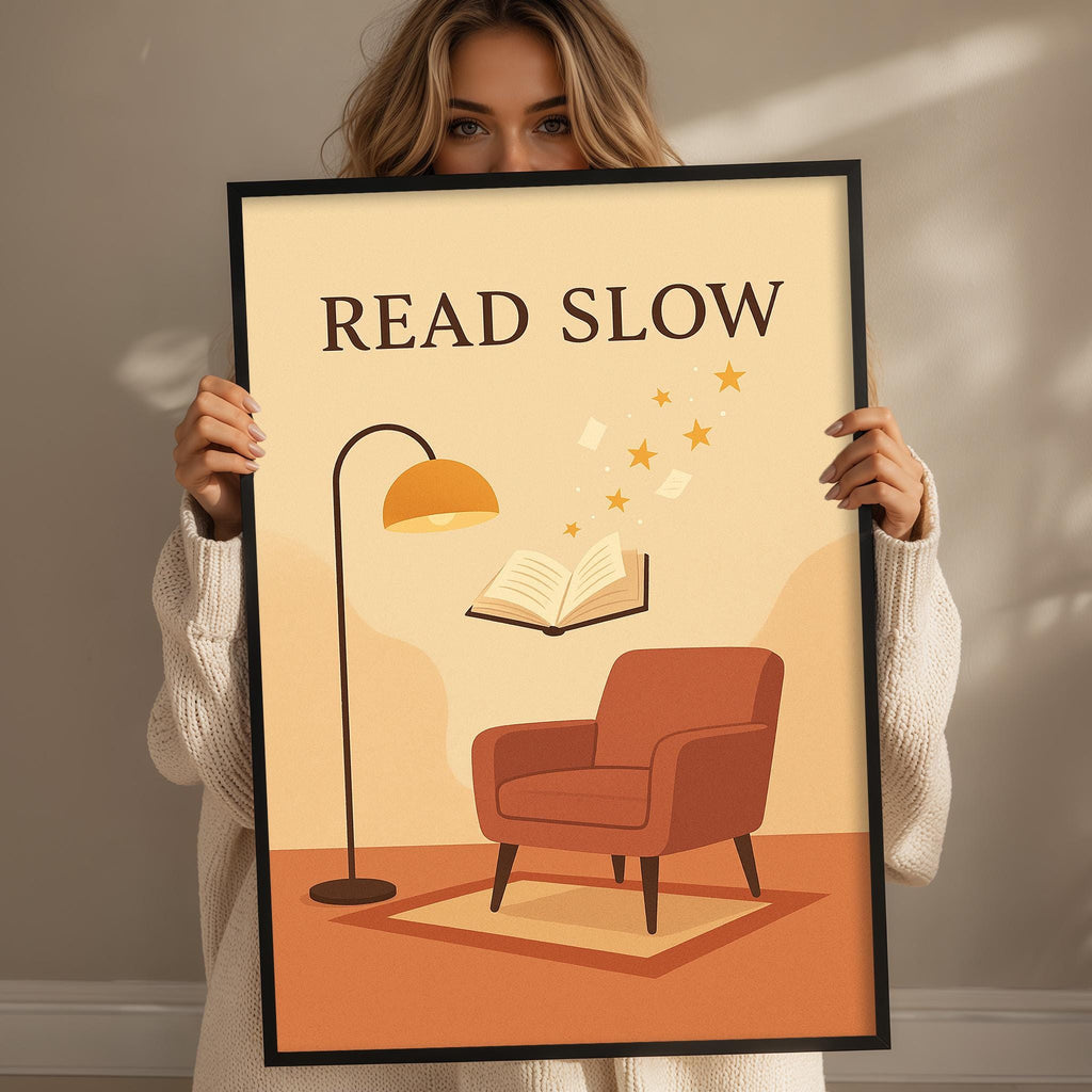 A woman holding a framed poster with an illustration of a lamp, a book, and a chair, along with the text "READ SLOW" and stars floating around the lamp.