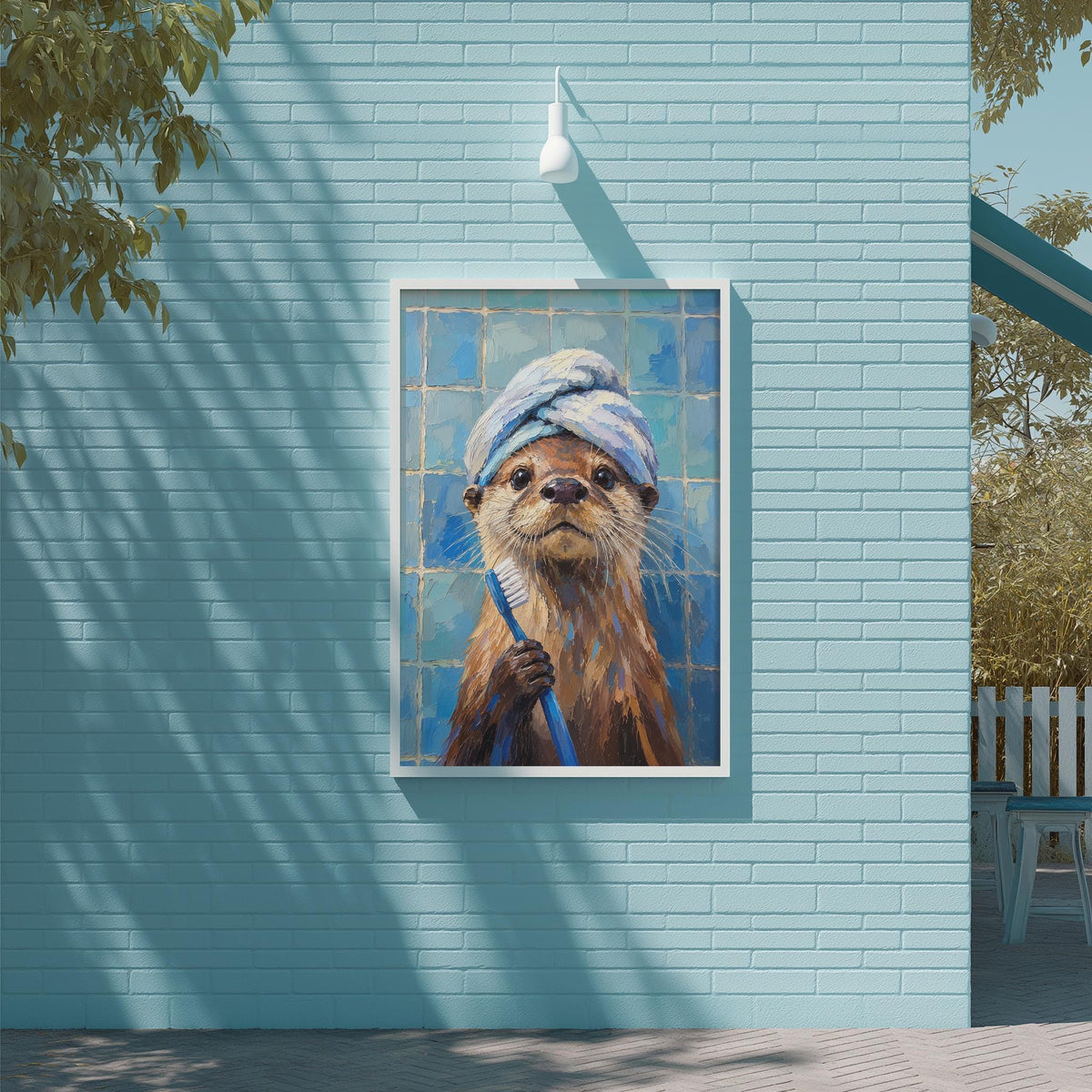 A painting of an otter holding a blue toothbrush, with a blue tiled wall in the background.