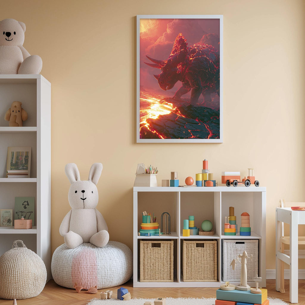 a child's bedroom with a large dinosaur-themed poster on the wall, a white bookshelf filled with toys, and a white bean bag chair.