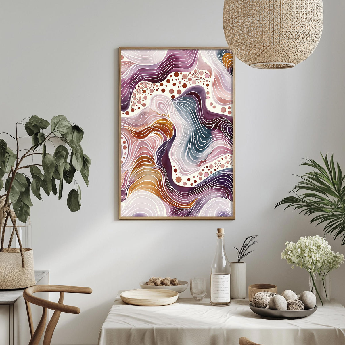 a modern dining room with a large abstract painting hanging on the wall above a table set with various items.