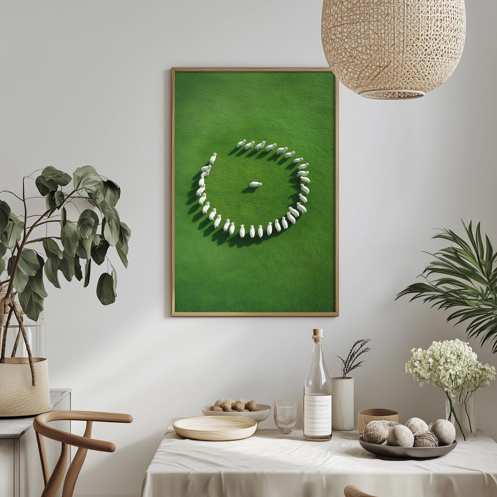 a dining table with a white tablecloth, a bowl of fruit, a bottle, and a vase with flowers. Above the table, there is a framed picture of a herd of sheep arranged in a circular pattern on a green background.