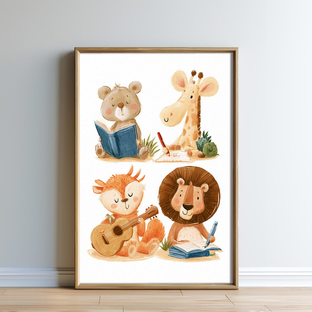 The image is a framed collage of four illustrations depicting various animals, including a bear, a giraffe, a lion, and a fox, each engaged in different activities such as reading, writing, and playing musical instruments.