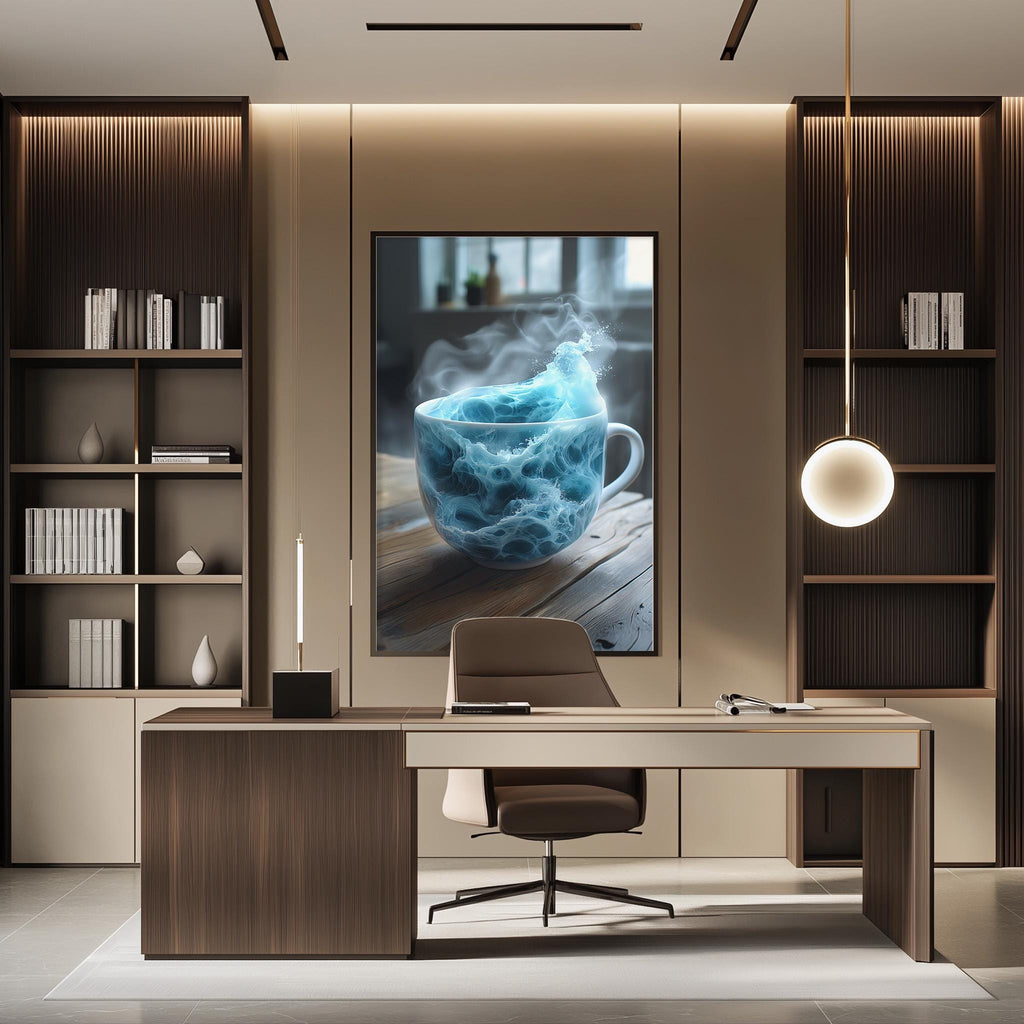 a modern office space with a large framed artwork of a blue mug with steam on a wooden surface, surrounded by bookshelves and a desk with a chair.