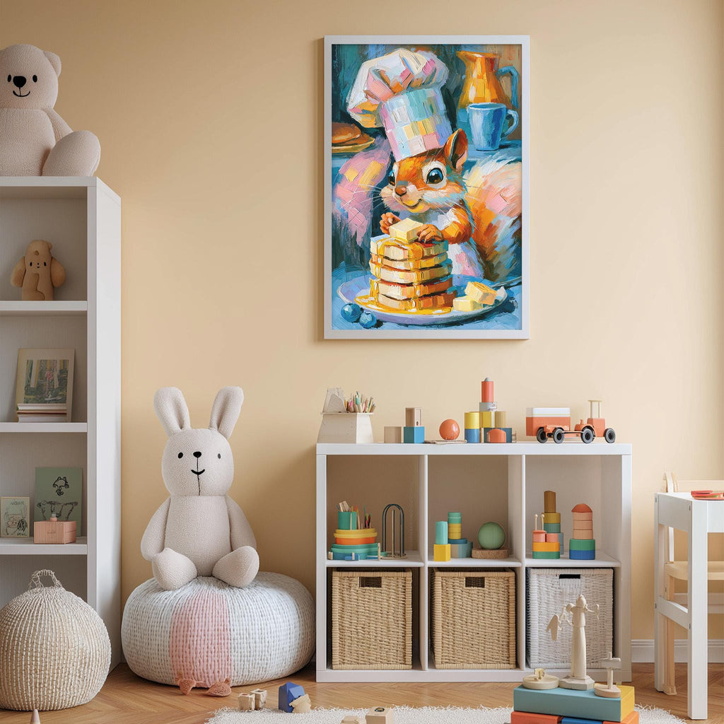 A child's bedroom with a large painting of a squirrel wearing a chef's hat, surrounded by various toys and storage bins.
