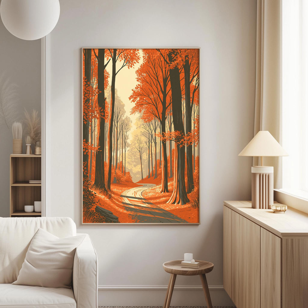 a serene forest scene with a winding path surrounded by tall trees displaying vibrant orange leaves.