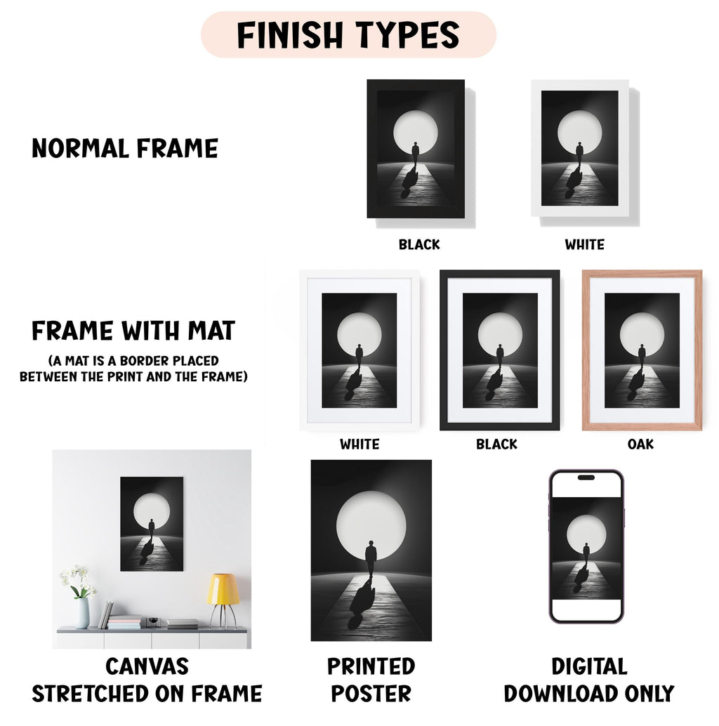 various framed artworks, including a canvas stretched on a frame, a framed poster, and a digital poster. The artworks are presented in different frame types, such as normal frame, black frame, white frame, and oak frame. The artworks are also described as having a mat placed between the print and the frame, and they are categorized as canvas stretched on frame, printed poster, and digital download only.