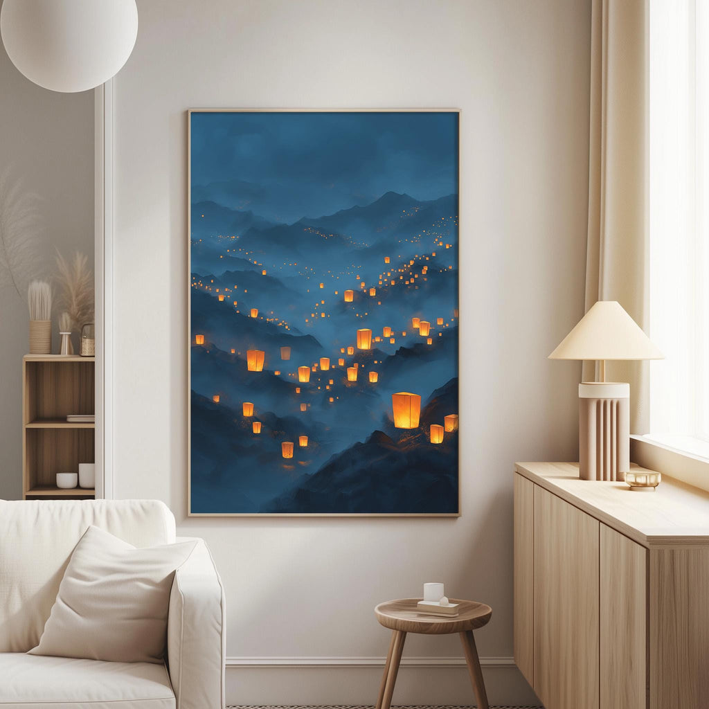 a large painting of a mountainous landscape with numerous orange lanterns floating in the air, creating a serene and dreamy atmosphere.