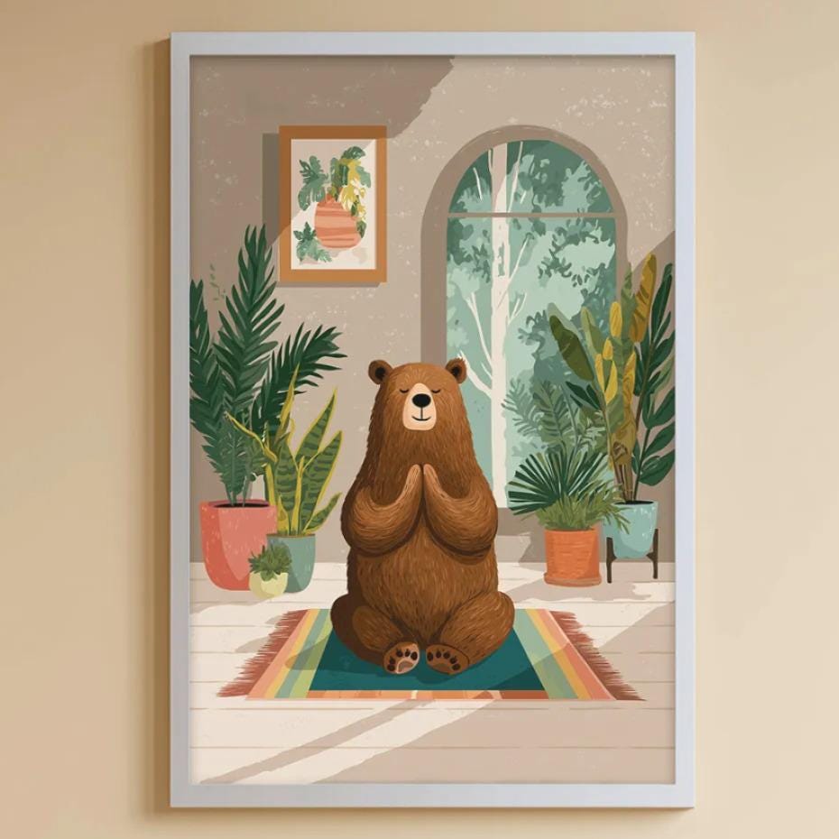 A cozy children's room with a large stuffed bunny, a framed illustration of a bear, and a bookshelf filled with toys and books.