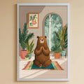 A cozy children's room with a large stuffed bunny, a framed illustration of a bear, and a bookshelf filled with toys and books.