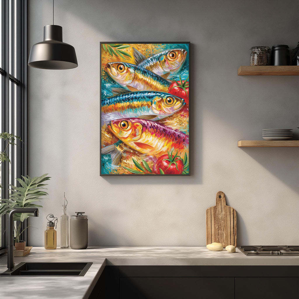 a vibrant painting of colorful fish swimming in a lively underwater scene, hanging on a wall above a kitchen counter.