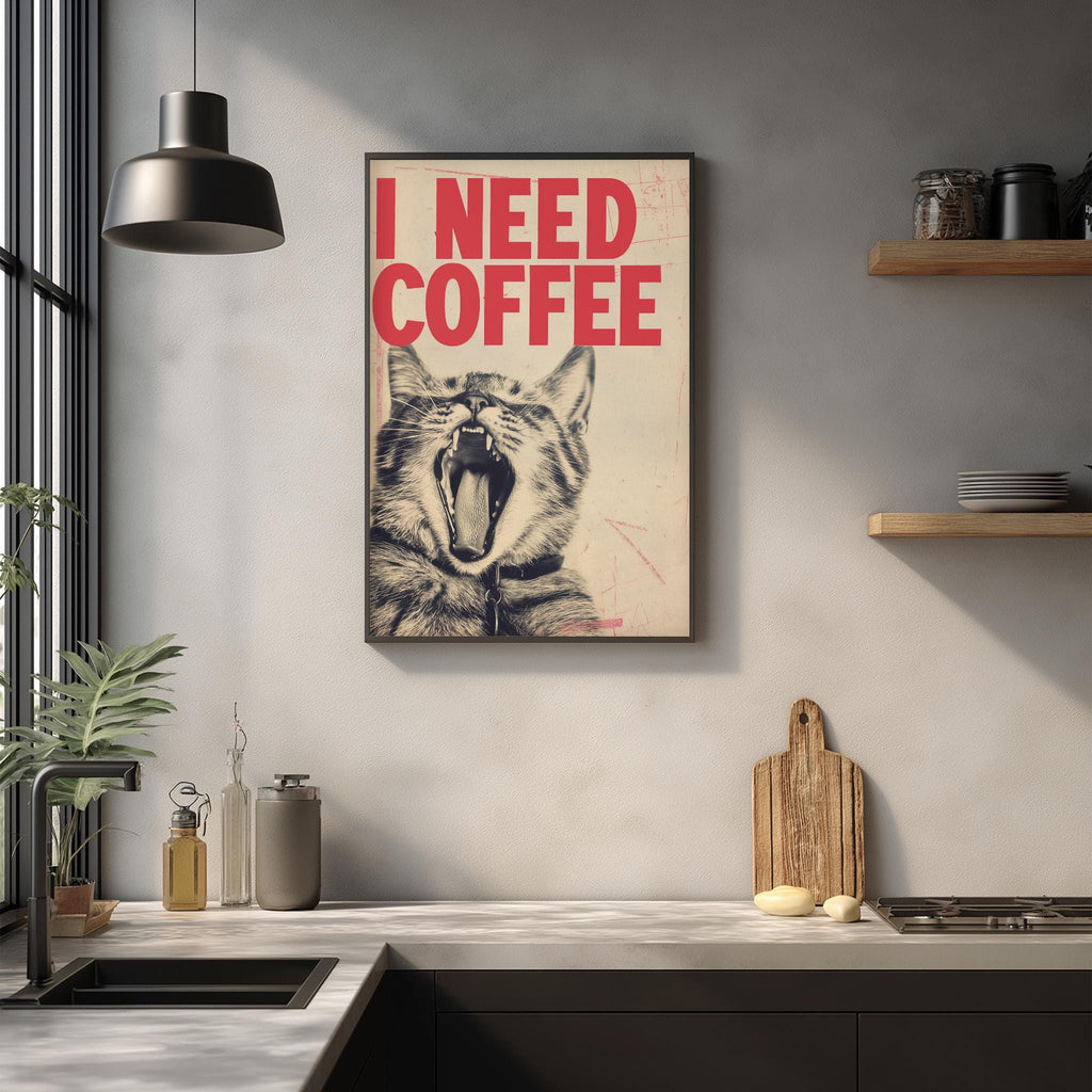 a kitchen counter with a framed poster of a cat yawning, a hanging light fixture, and various kitchen items such as a cutting board, a soap dispenser, and a plant.