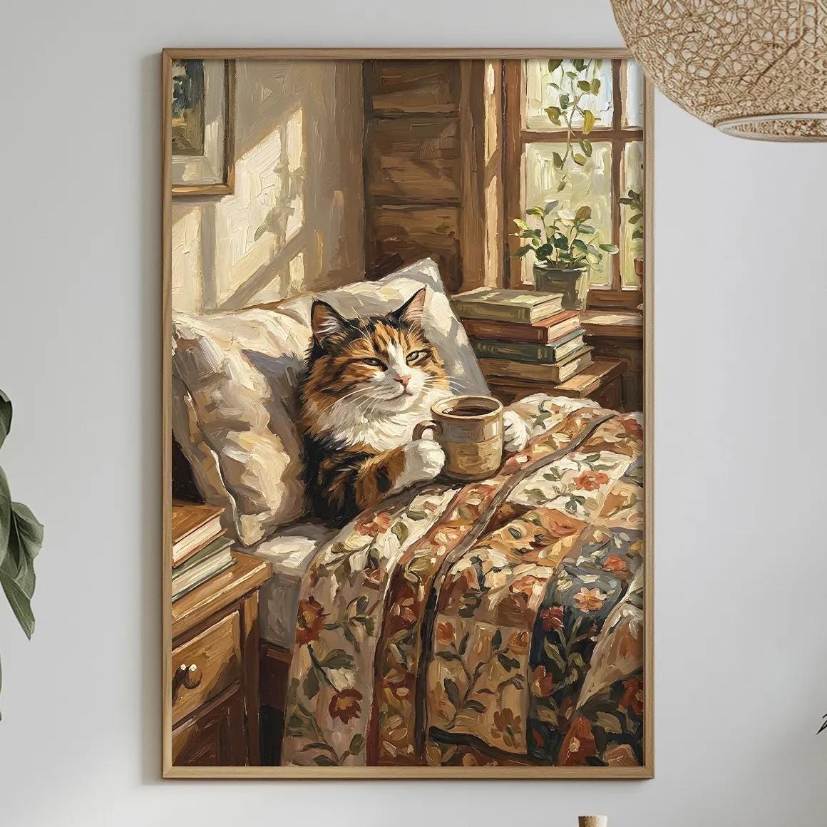a cozy indoor setting with a cat resting on a bed, surrounded by potted plants and a dining table with various items on it.
