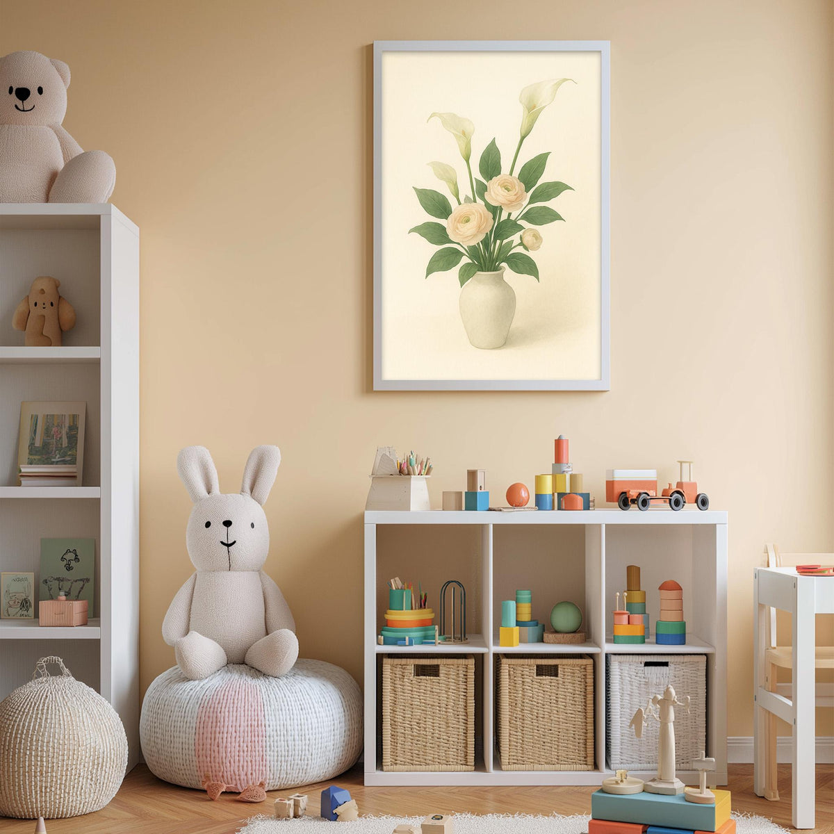 A cozy children's room with a white bookshelf, a stuffed rabbit, a toy train, and a framed picture of flowers on the wall.