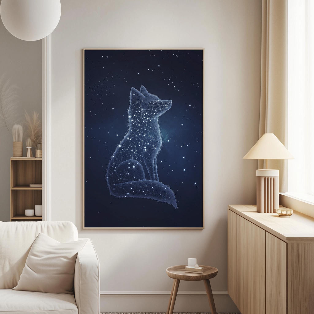 a cozy living room with a large framed poster of a fox sitting in the night sky, surrounded by stars. The poster is hanging on the wall, adding a touch of whimsy and celestial charm to the space.