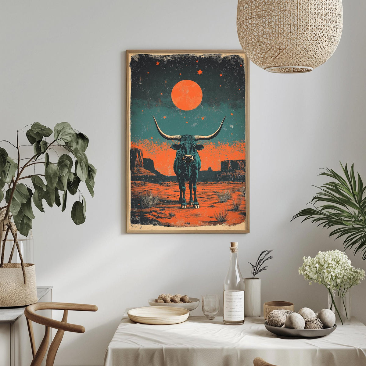 a framed poster of a black bull with horns, set against a desert landscape with a large orange moon and stars in the night sky. The poster is hanging on a wall above a dining table with various decorative items and plants.