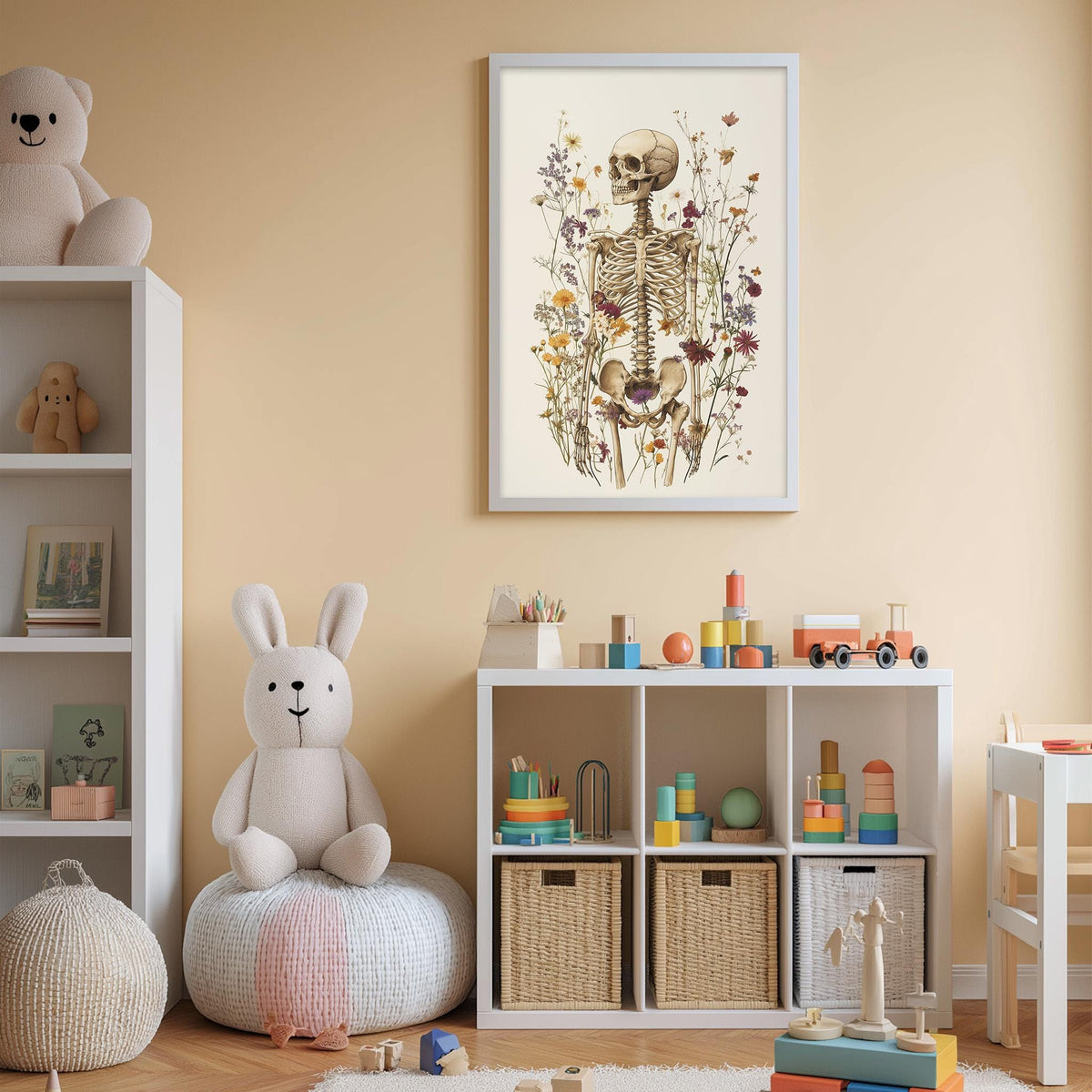 A cozy children's room with a skeleton drawing on the wall, a stuffed bunny, and a toy train. The room has a beige color scheme and is filled with toys and storage bins.