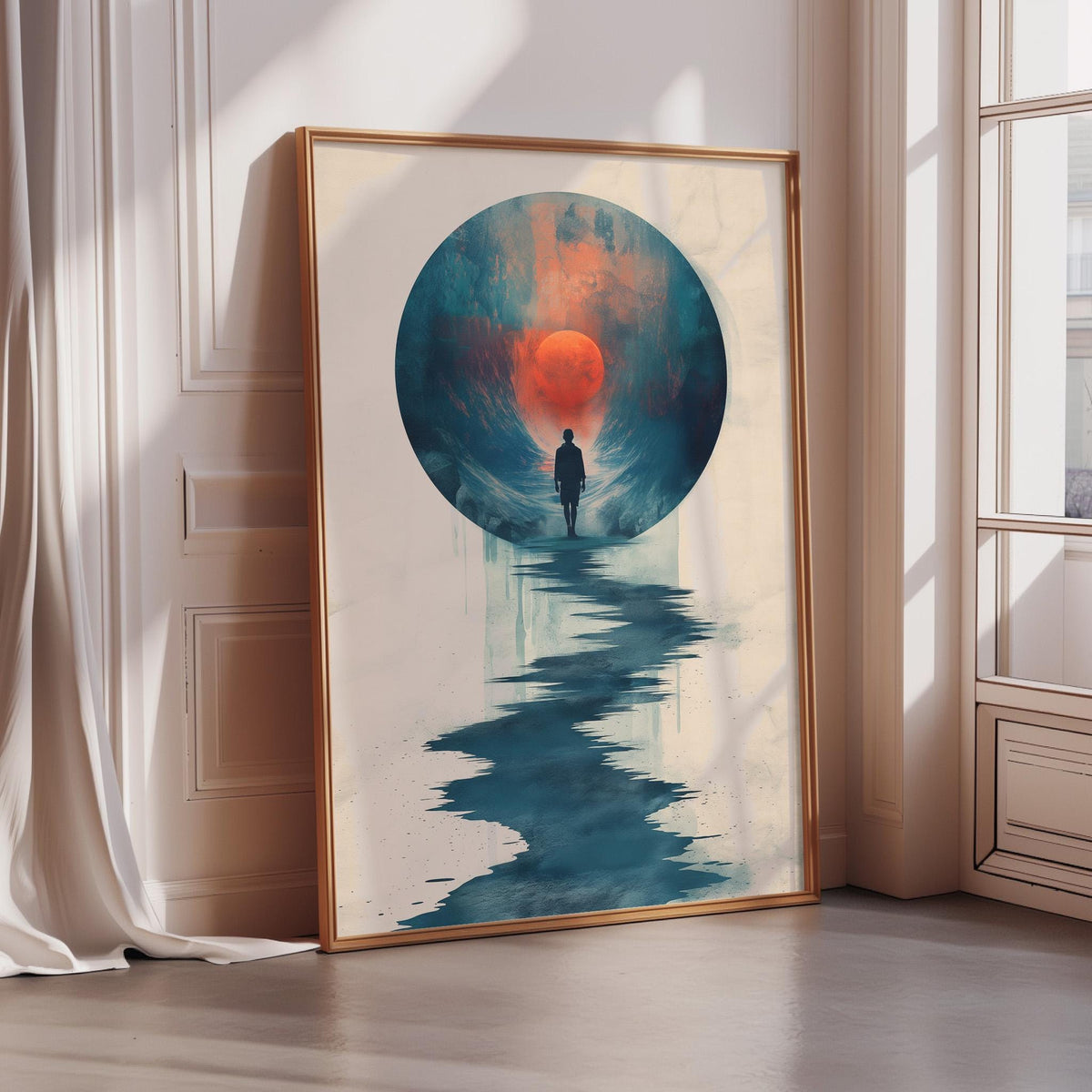 a large, framed artwork depicting a person walking through a tunnel with a red moon in the background.