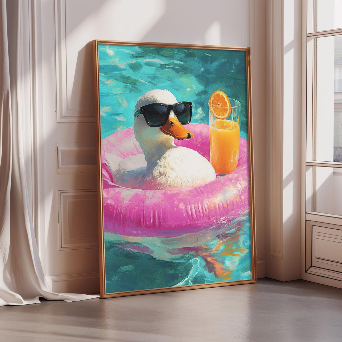 A duck wearing sunglasses and holding a glass of orange juice is depicted in a framed painting on a wall.