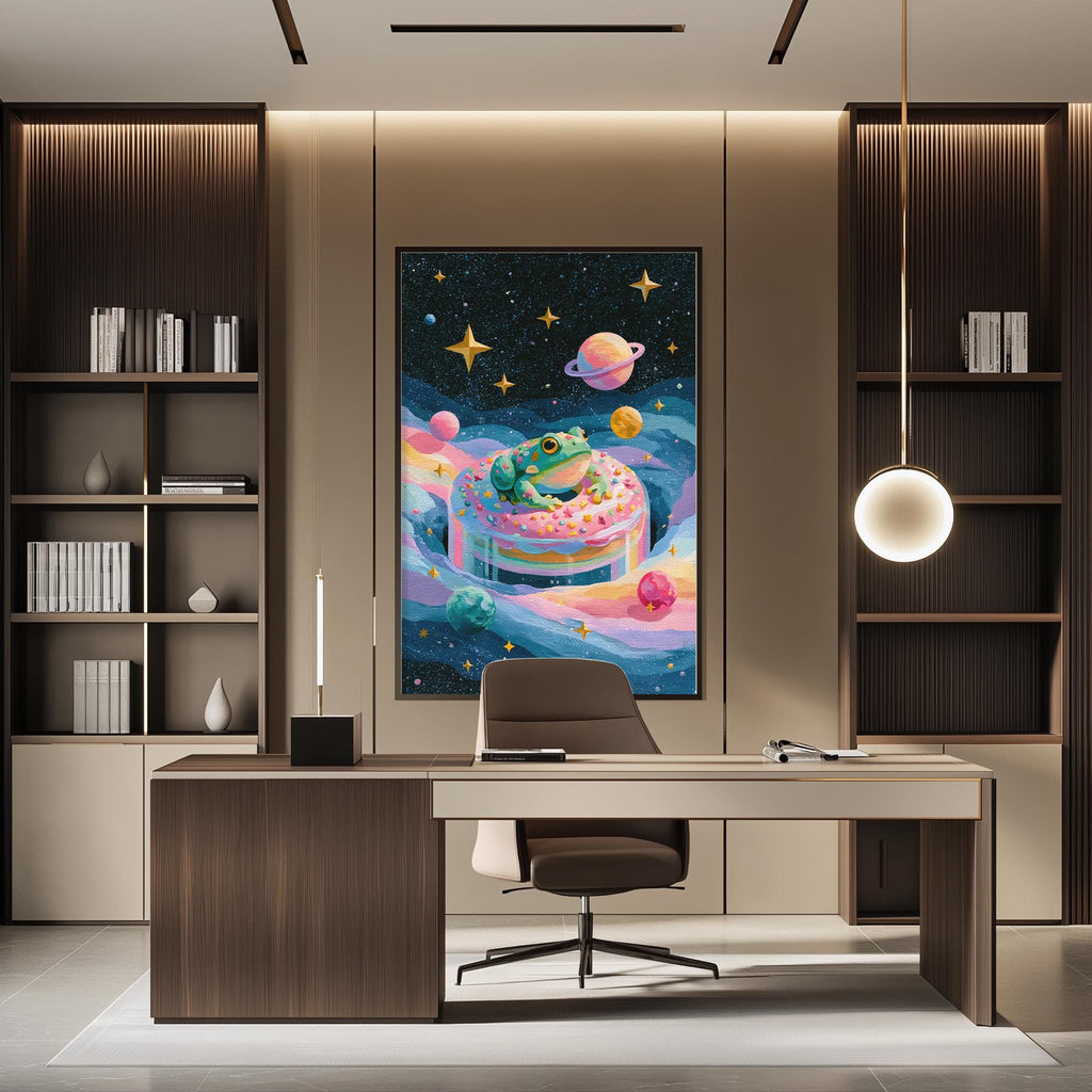 a modern office space with a large, colorful painting of a frog sitting on a cake hanging on the wall. The office has a desk, chair, and bookshelves, creating a comfortable and creative work environment.