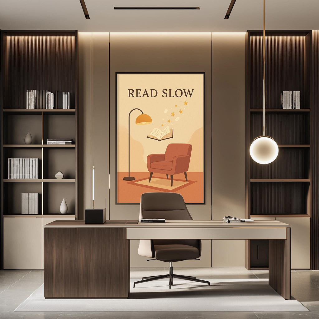 a modern office space with a desk, chair, and bookshelves. A large poster on the wall says "READ SLOW".