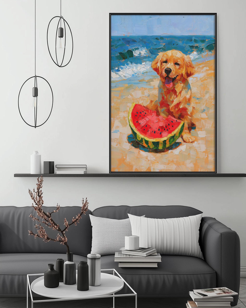 a large painting of a golden retriever dog sitting on a beach and enjoying a slice of watermelon.