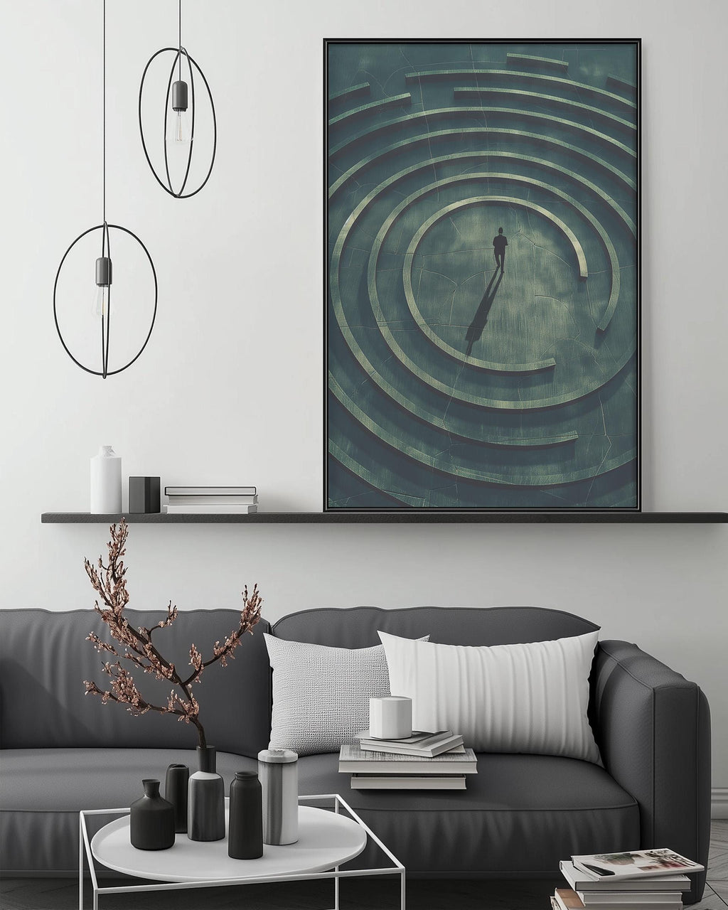 a modern living room with a gray sofa, a coffee table, and a large abstract painting hanging on the wall above the sofa.