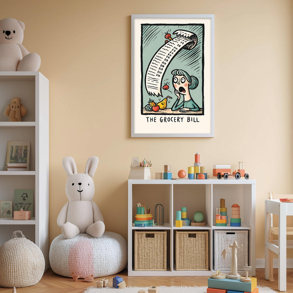 a child's bedroom with a large framed illustration of a grocery bill hanging on the wall, surrounded by various toys and storage containers.