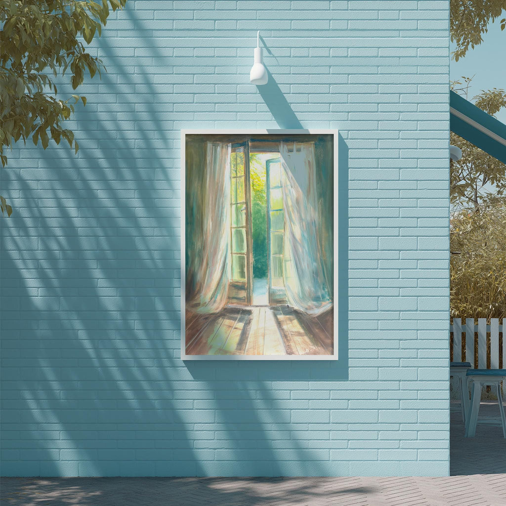 a blue brick wall with a framed painting of an open window, set against a backdrop of trees and a clear sky.