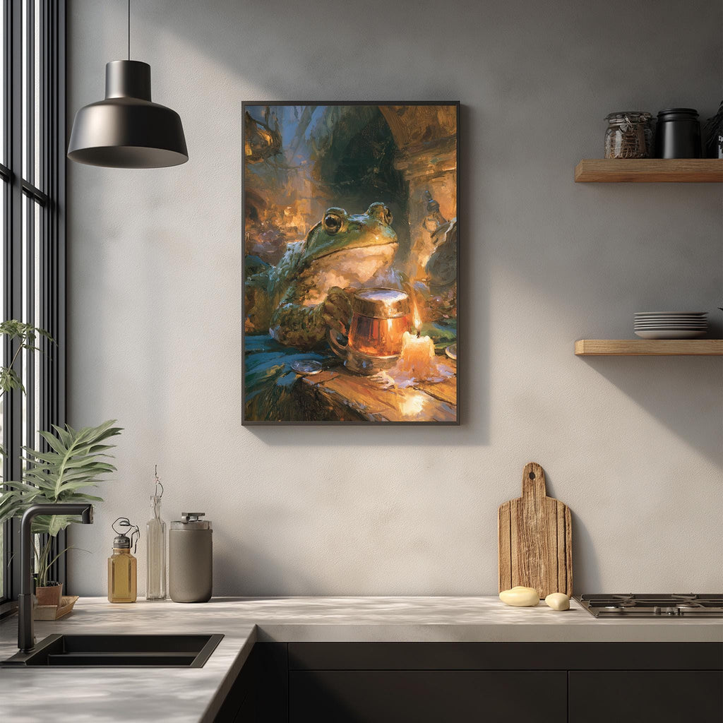 a framed painting of a frog sitting on a wooden surface, with a candle in front of it, creating a warm and cozy atmosphere.