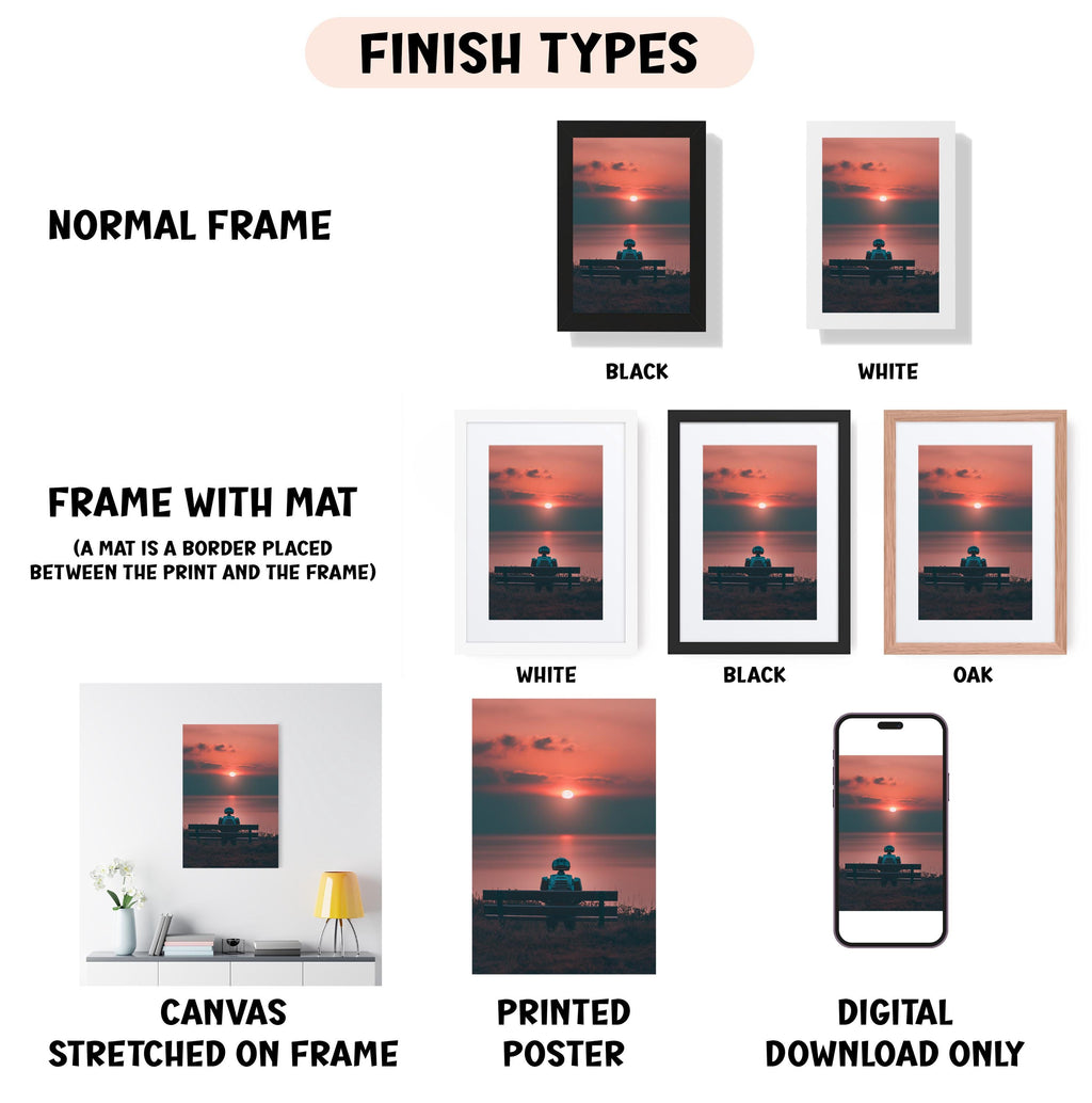 various types of artwork, including a normal frame, a frame with a mat, a white frame, a black frame, an oak frame, a white canvas stretched on a frame, a black canvas, a printed poster, and a digital download only.