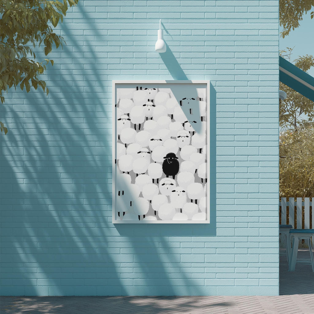 a blue brick wall with a framed artwork depicting a black bird surrounded by white circles.
