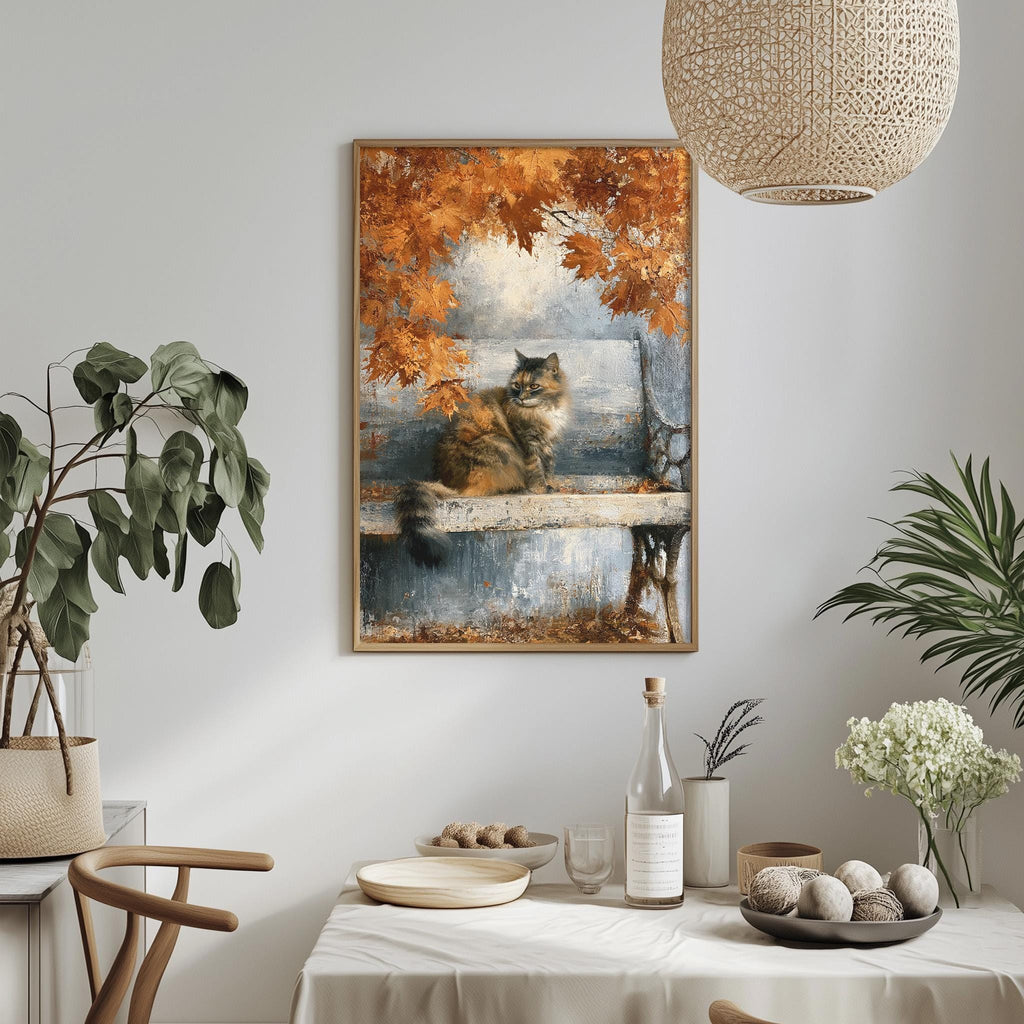 a cozy dining area with a table set for two, a potted plant, a hanging light fixture, and a framed painting of a cat sitting on a bench.