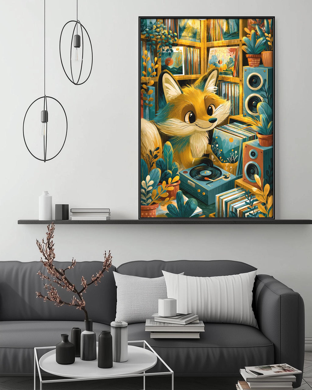 a cozy living room with a gray sofa, a coffee table, and a large framed painting of a fox surrounded by books, plants, and other decorative elements.