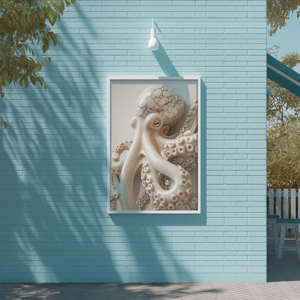 a large, detailed, and realistic depiction of an octopus in a frame, mounted on a blue brick wall.