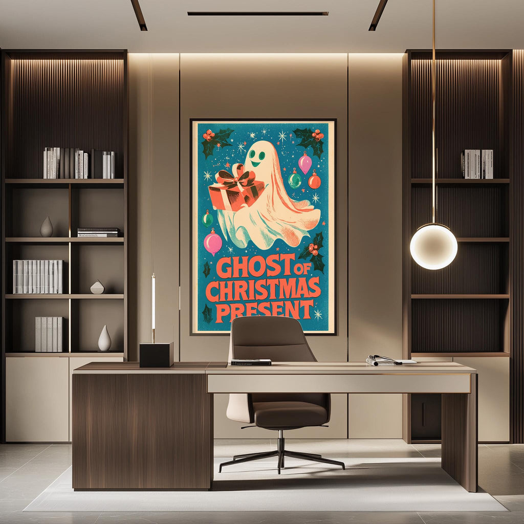 a modern office space with a large framed poster of a ghost on the wall, a desk with a chair, and a bookshelf.