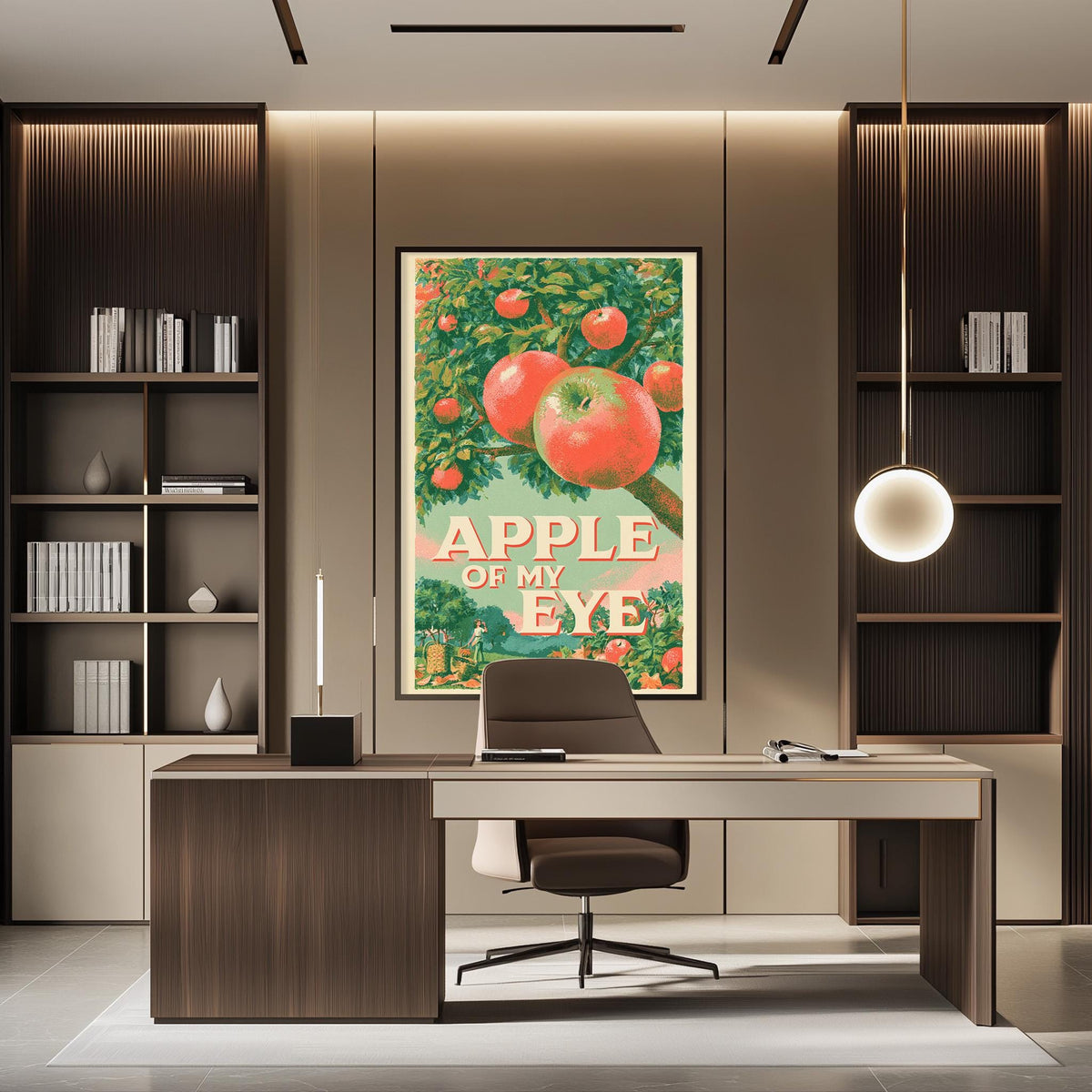 a modern office space with a large framed poster of an apple on the wall, a desk with a chair, and a bookshelf.