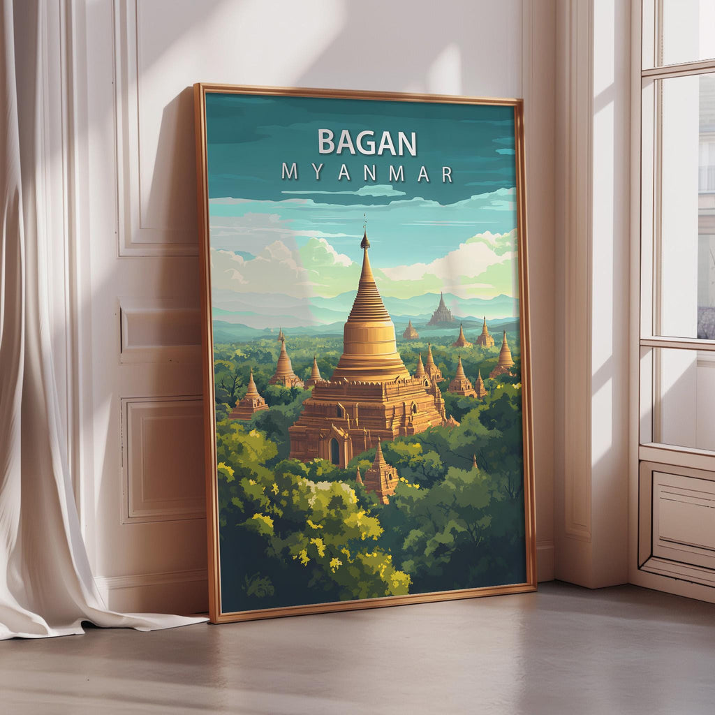 a poster of the Bagan temple complex in Myanmar, with a golden pagoda and lush greenery in the background.