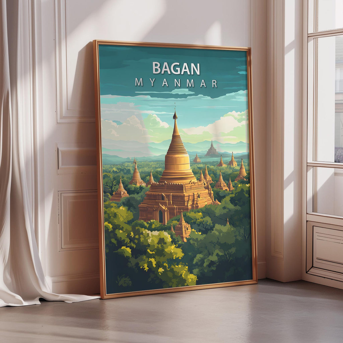 a poster of the Bagan temple complex in Myanmar, with a golden pagoda and lush greenery in the background.