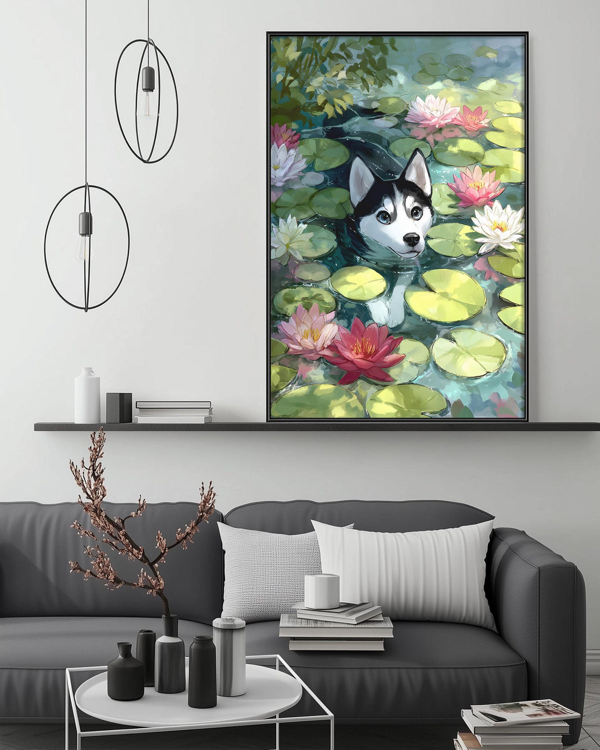 a black and white husky dog swimming in a pond filled with lily pads and pink flowers, with a black and white pendant light hanging above the couch.