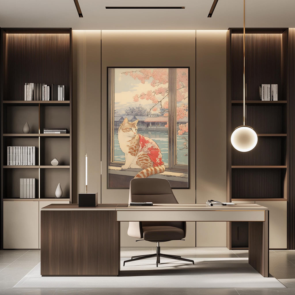 a modern and stylish home office with a large framed picture of a cat sitting on a windowsill, overlooking a scenic view. The office features a wooden desk, a comfortable chair, and a bookshelf filled with books and decorative items. The overall design and decor create a warm and inviting atmosphere.