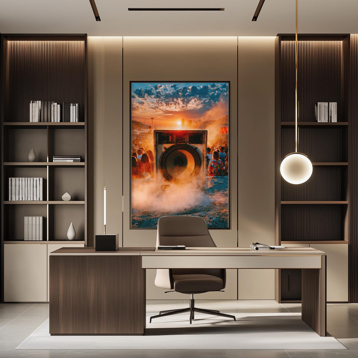 a modern office space with a large framed artwork of a crowd of people on the wall, a desk with a chair, and a bookshelf with books and decorative items.