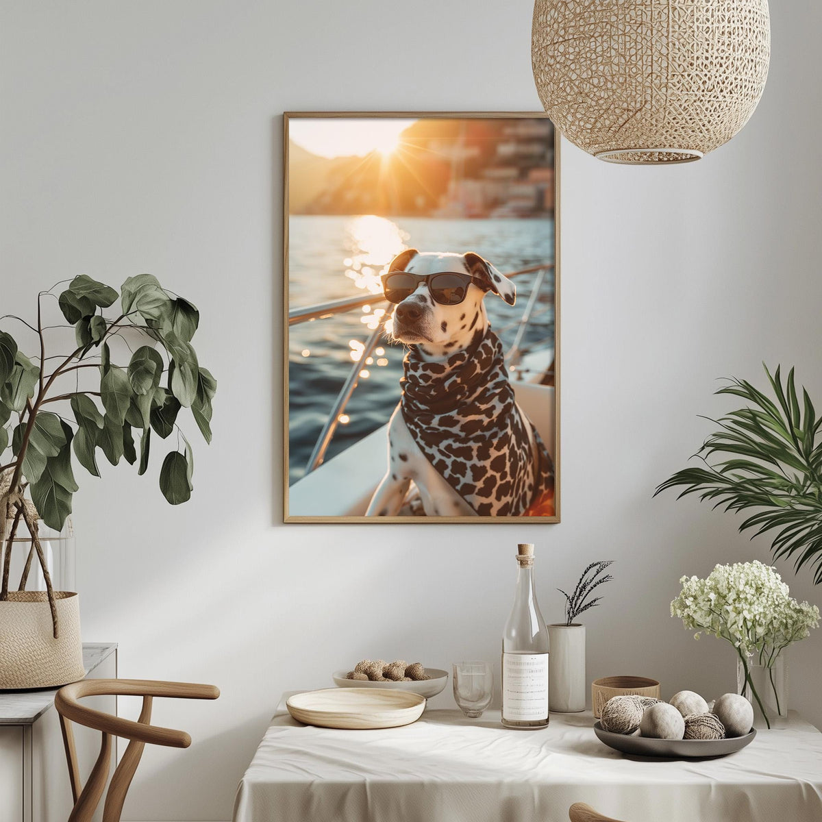 a framed photo of a dog wearing sunglasses, sitting on a boat and looking out at the water, with a sunset in the background.