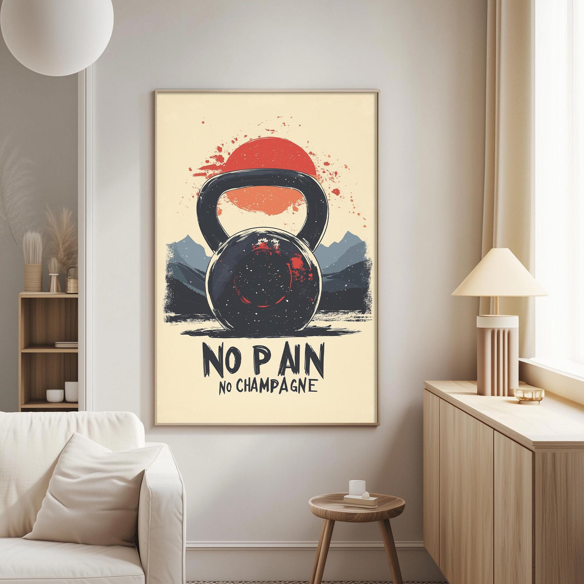 a poster with a kettlebell and mountains in the background, along with the text "NO PAIN NO CHAMPAGNE" prominently displayed.