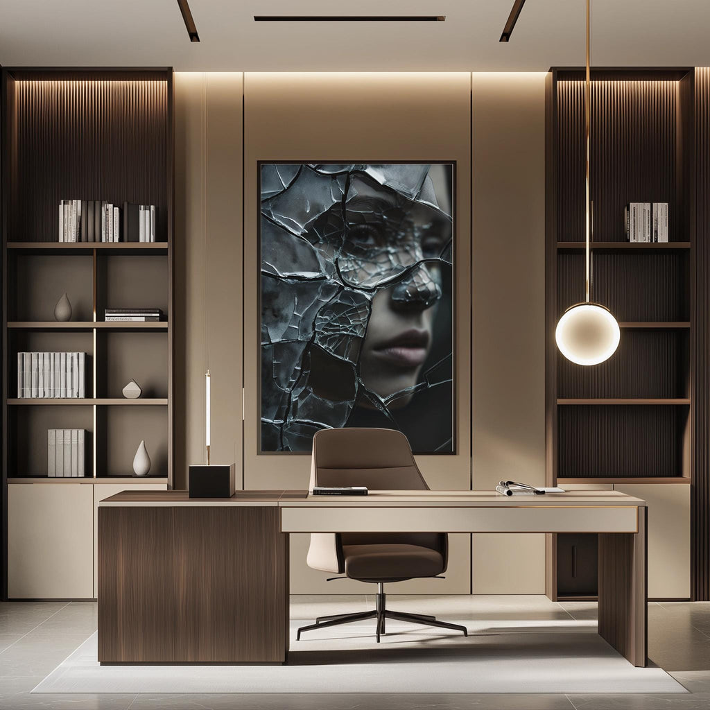a modern office space with a large framed artwork depicting a woman's face with a cracked or broken expression, hanging on the wall above a desk with a chair.