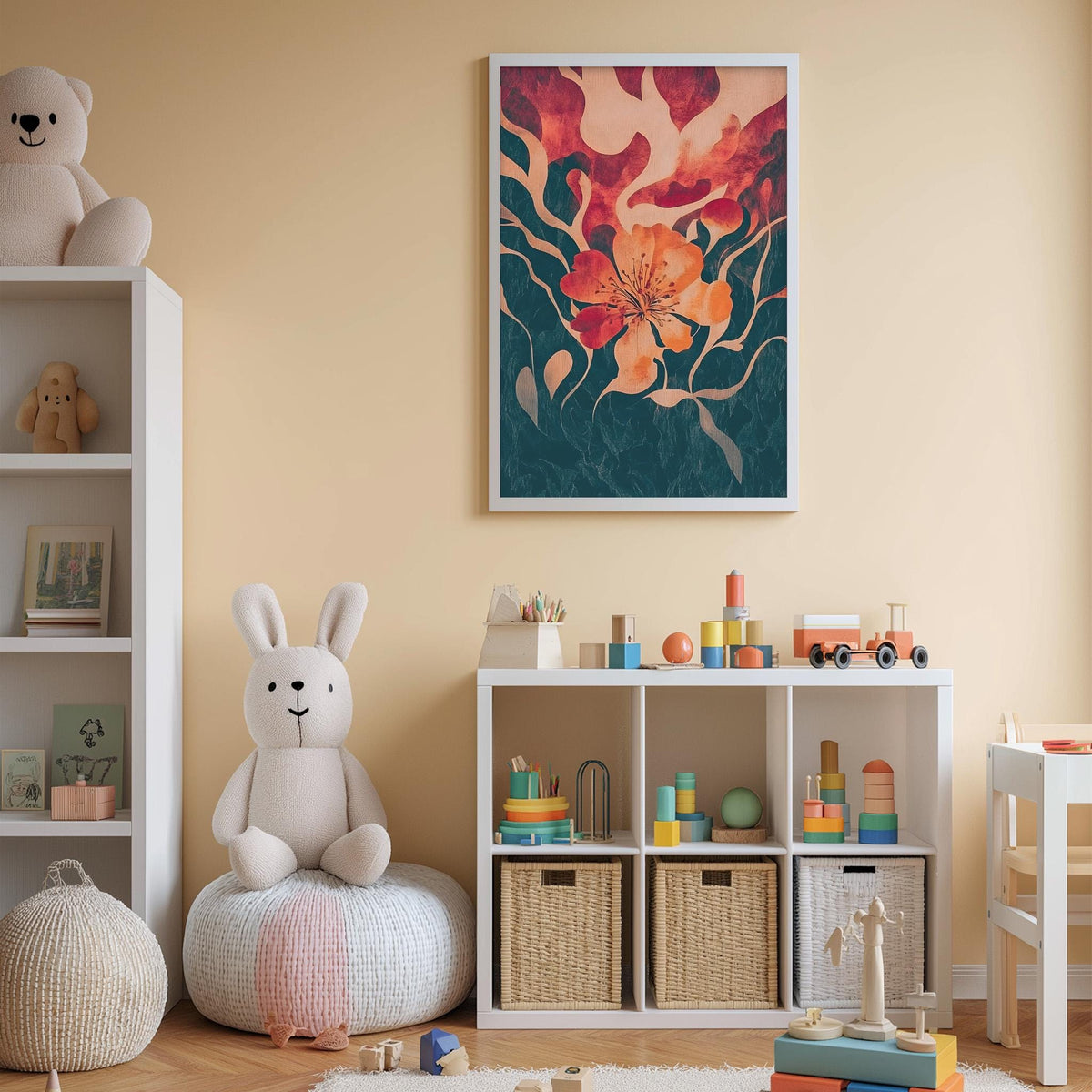 A cozy and colorful children's bedroom with a large stuffed bunny, a bookshelf, and a toy chest filled with toys. The walls are painted a light peach color, and there is a framed artwork depicting a flower on the wall.
